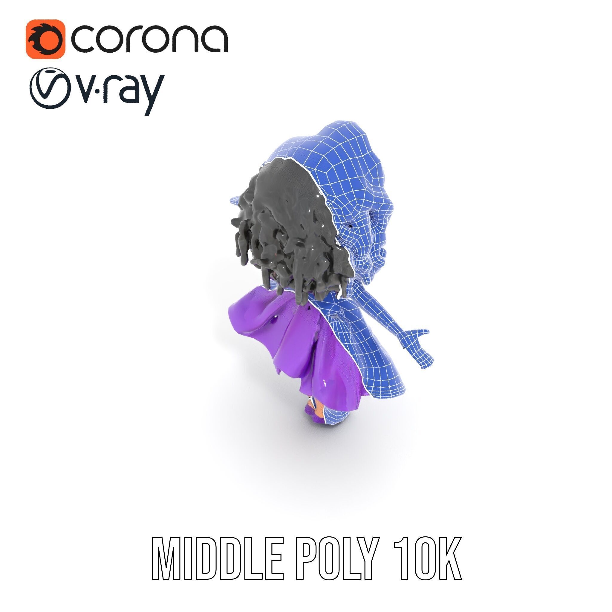 CurlyHaired Animated Character in Purple Dress Rigged and Ani... Low-poly 3D model_33