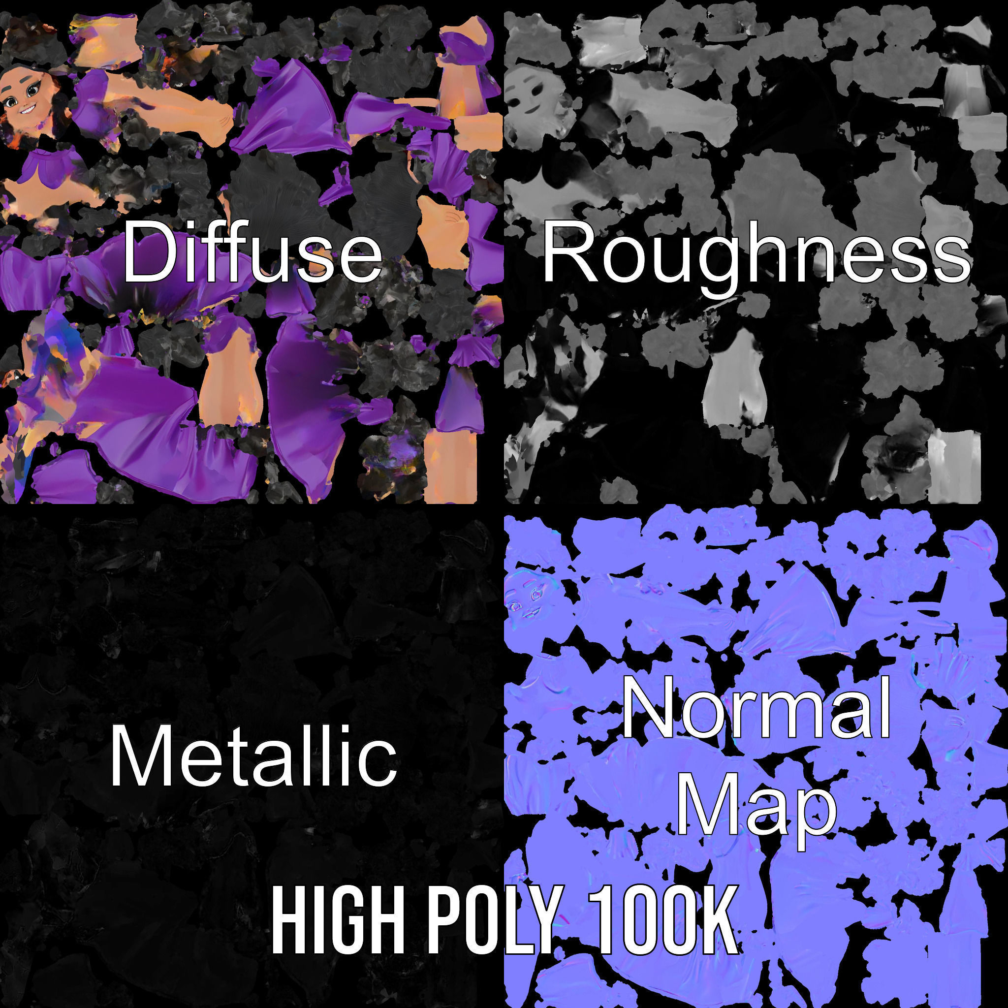 CurlyHaired Animated Character in Purple Dress Rigged and Ani... Low-poly 3D model_4