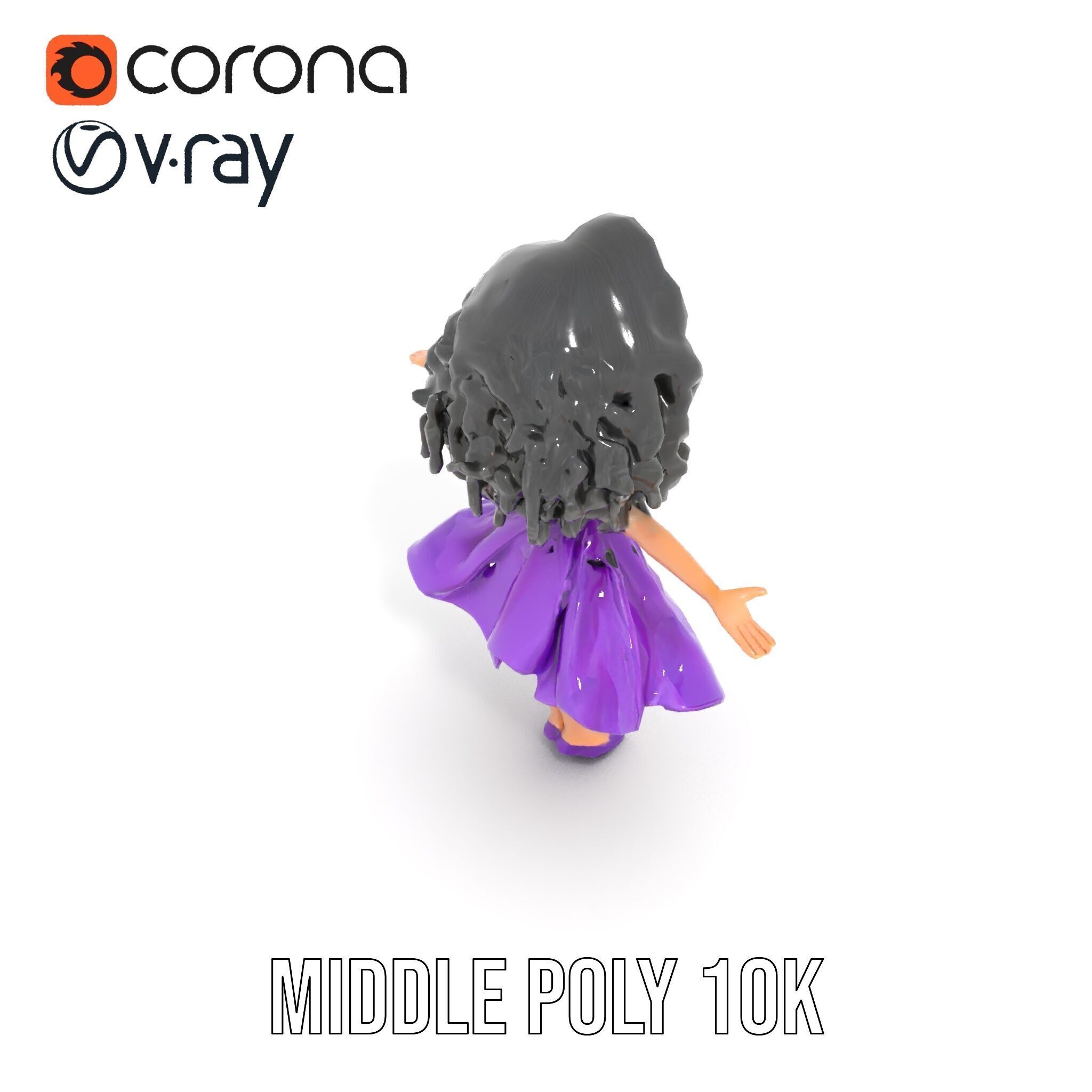 CurlyHaired Animated Character in Purple Dress Rigged and Ani... Low-poly 3D model_25