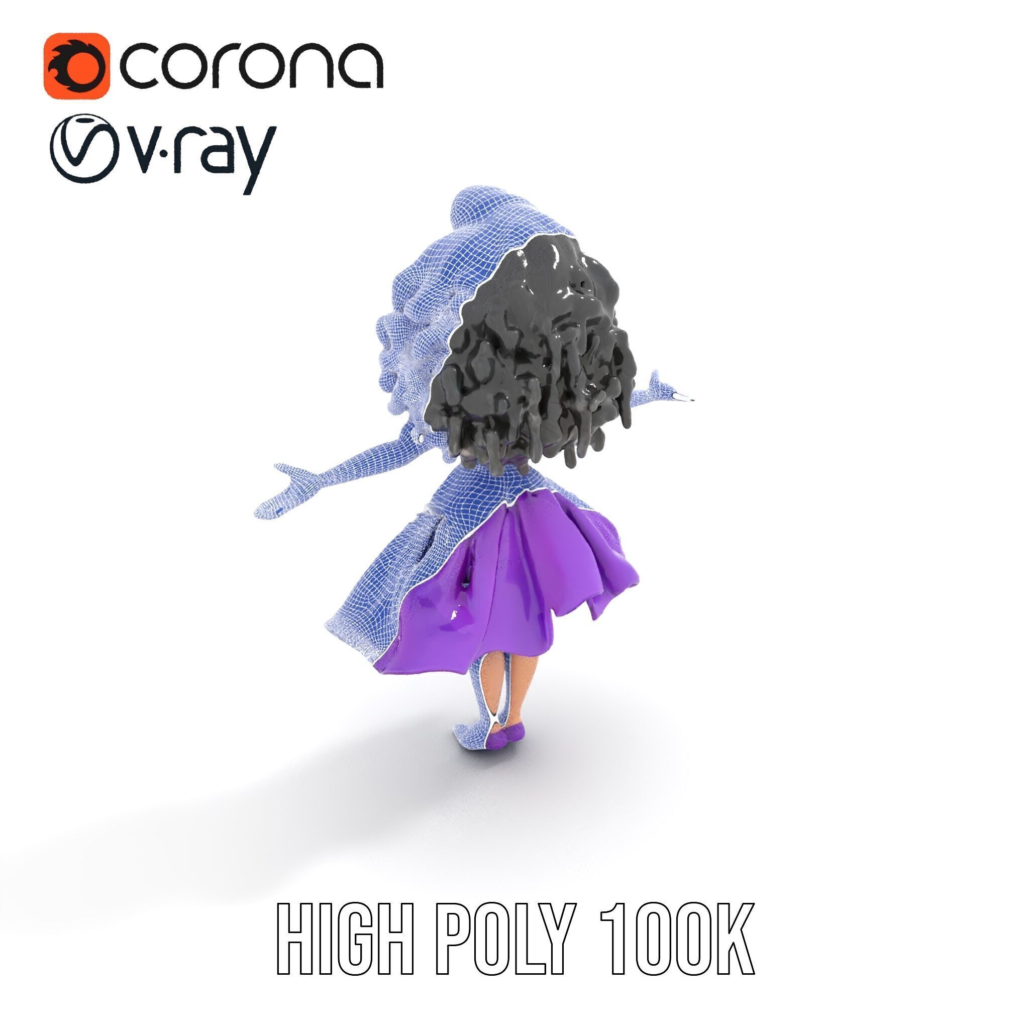 CurlyHaired Animated Character in Purple Dress Rigged and Ani... Low-poly 3D model_21