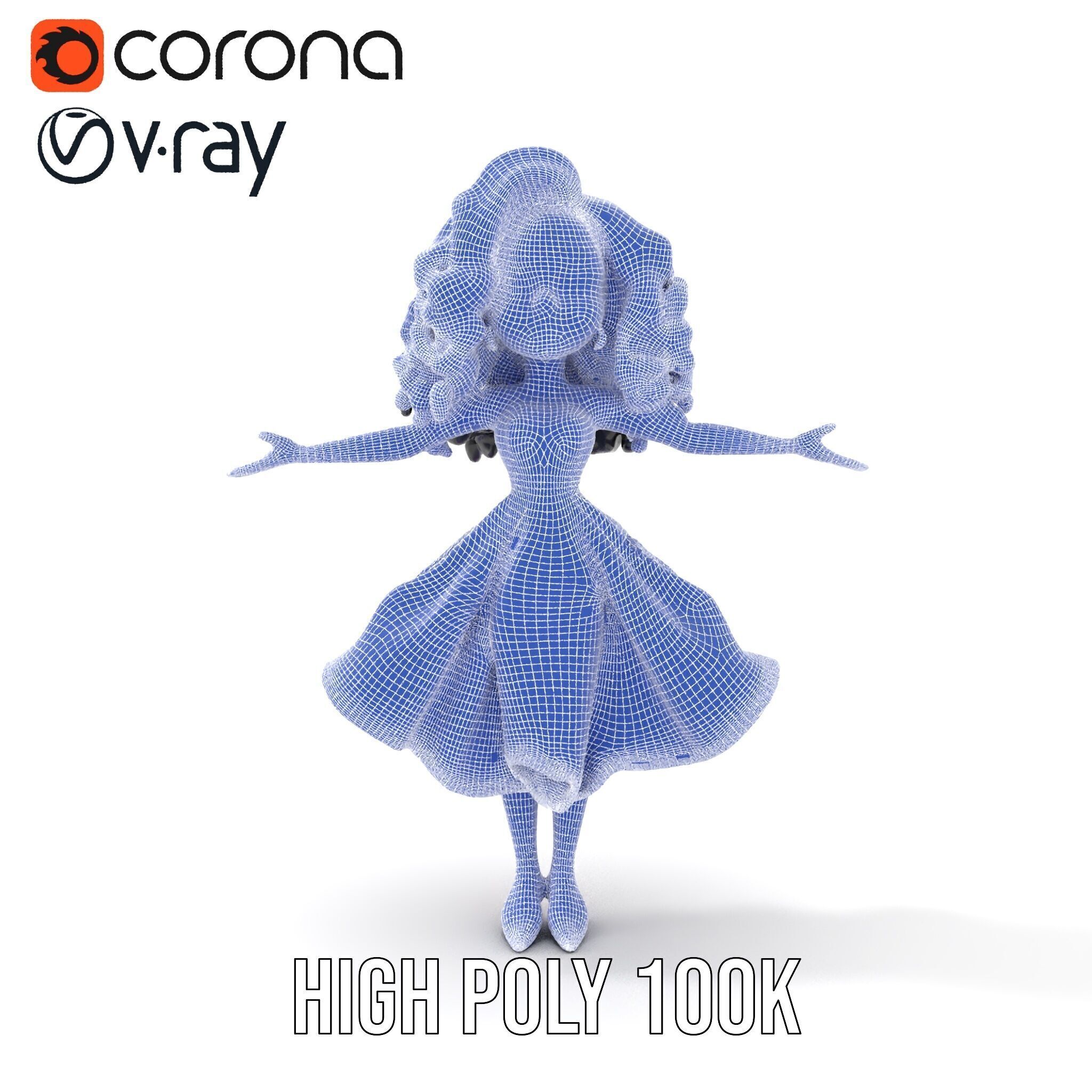 CurlyHaired Animated Character in Purple Dress Rigged and Ani... Low-poly 3D model_34