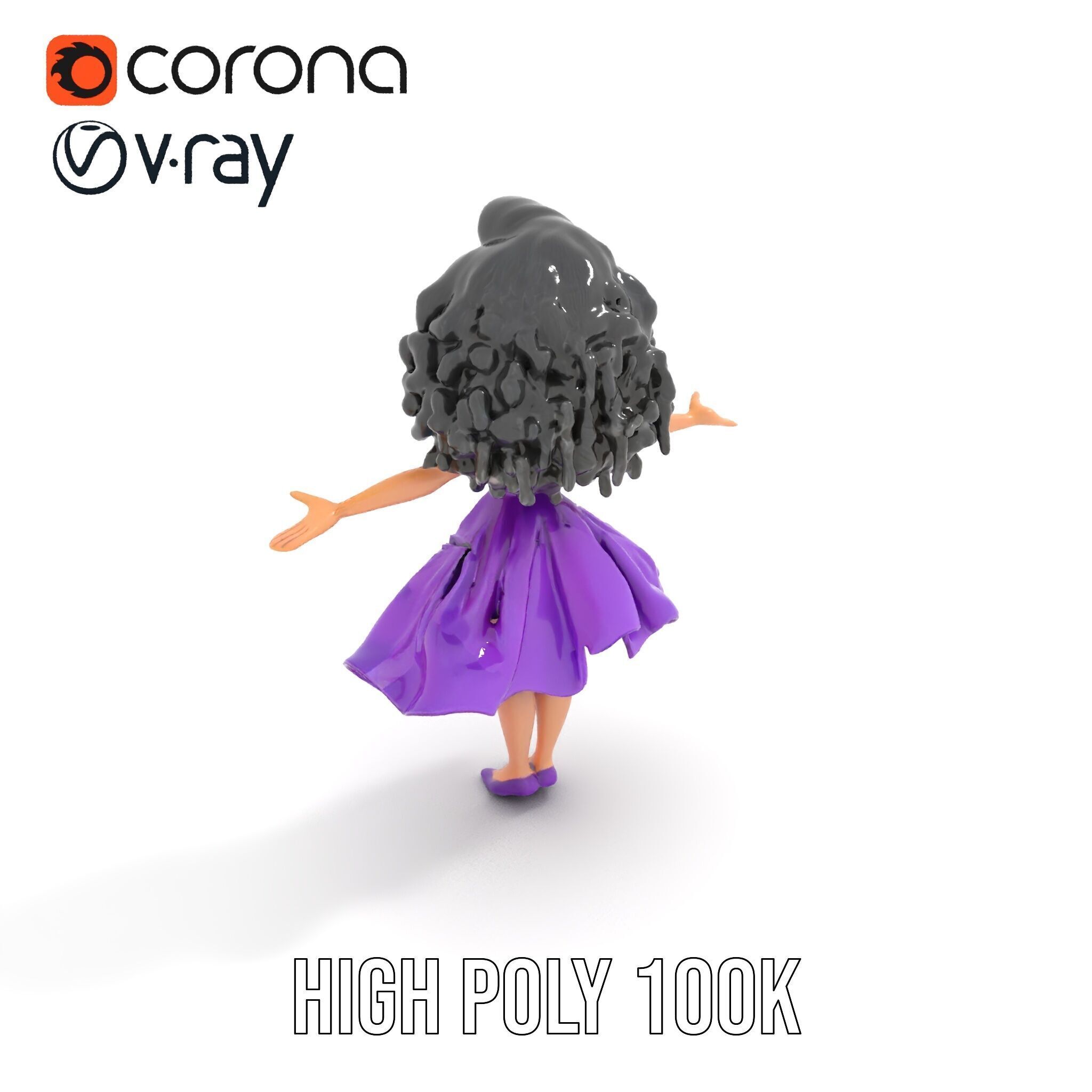 CurlyHaired Animated Character in Purple Dress Rigged and Ani... Low-poly 3D model_18