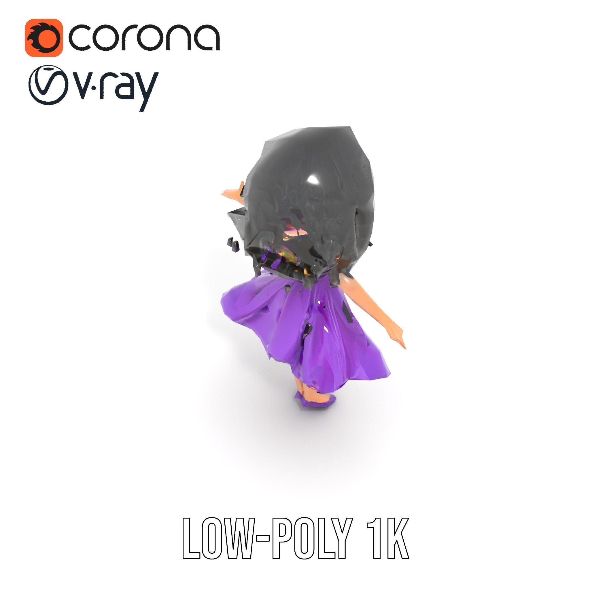 CurlyHaired Animated Character in Purple Dress Rigged and Ani... Low-poly 3D model_20