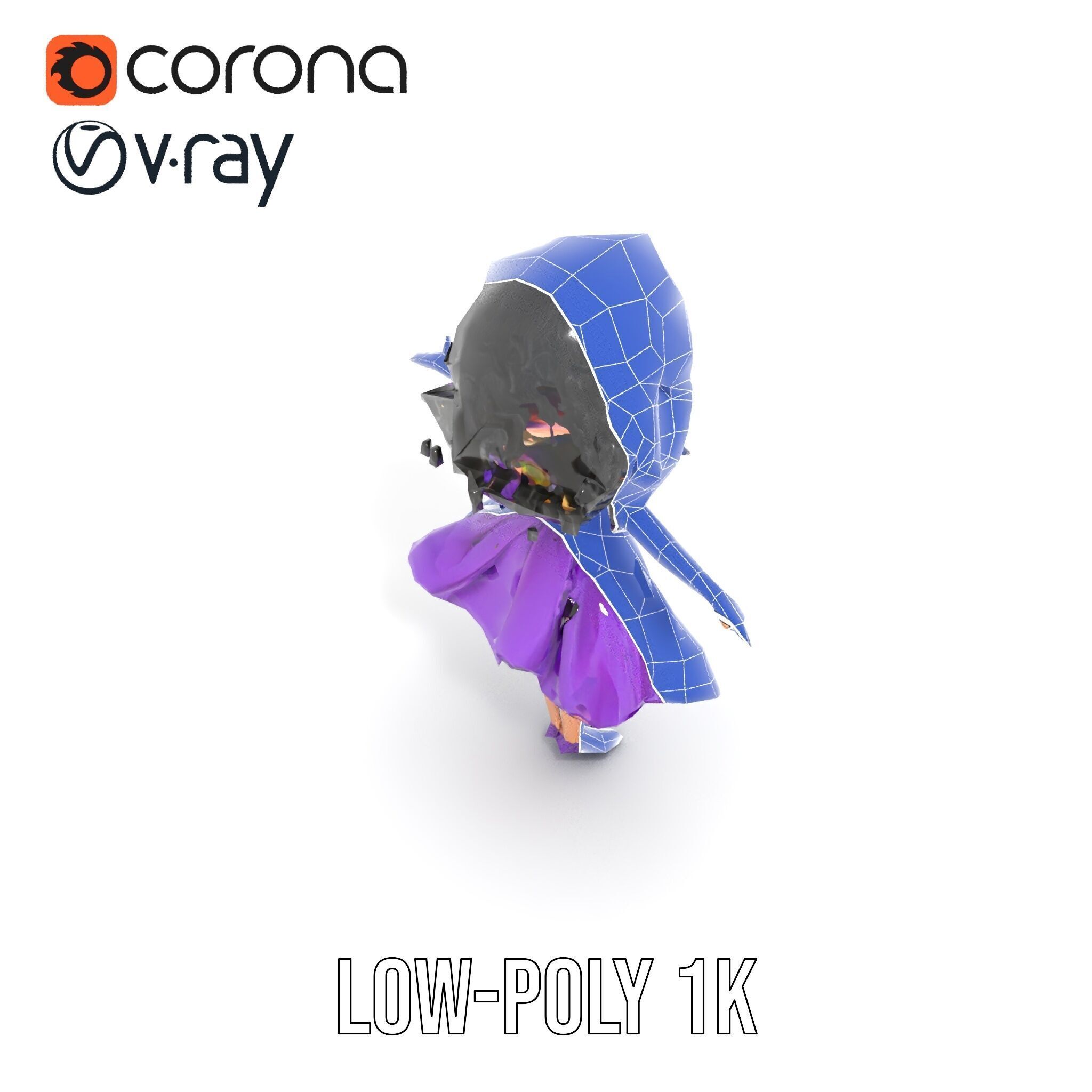 CurlyHaired Animated Character in Purple Dress Rigged and Ani... Low-poly 3D model_23