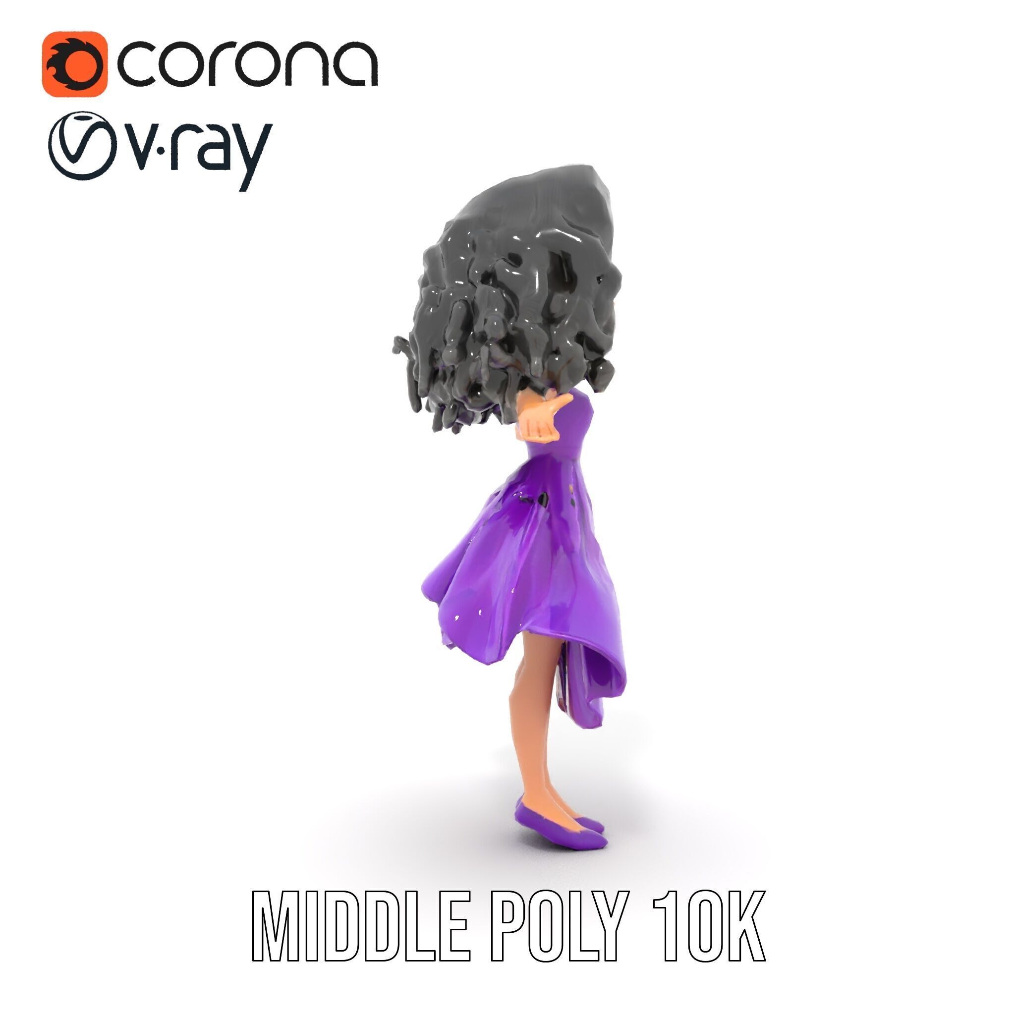 CurlyHaired Animated Character in Purple Dress Rigged and Ani... Low-poly 3D model_16