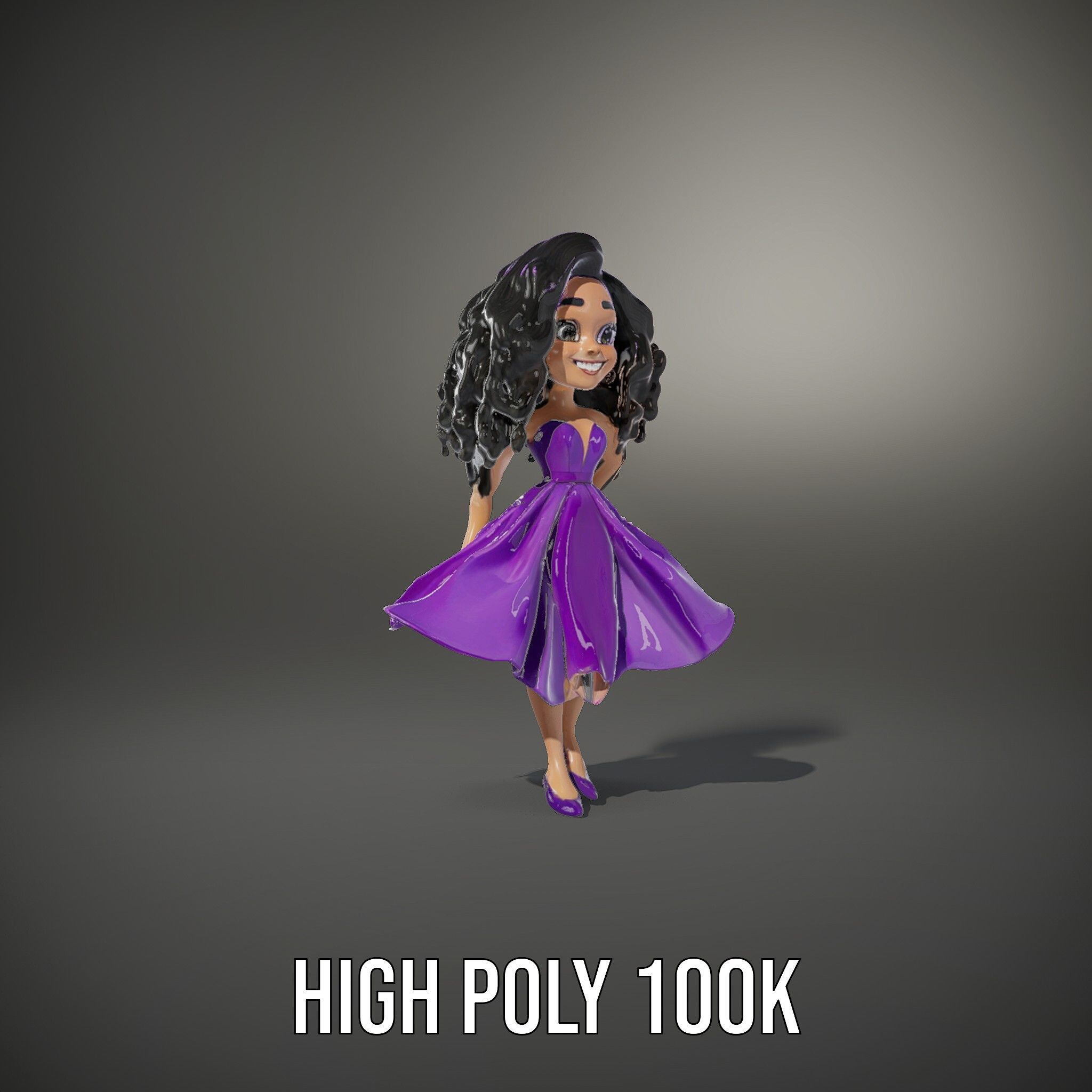 CurlyHaired Animated Character in Purple Dress Rigged and Ani... Low-poly 3D model_9