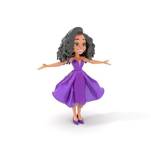 CurlyHaired Animated Character in Purple Dress Rigged and Ani... Low-poly 3D model