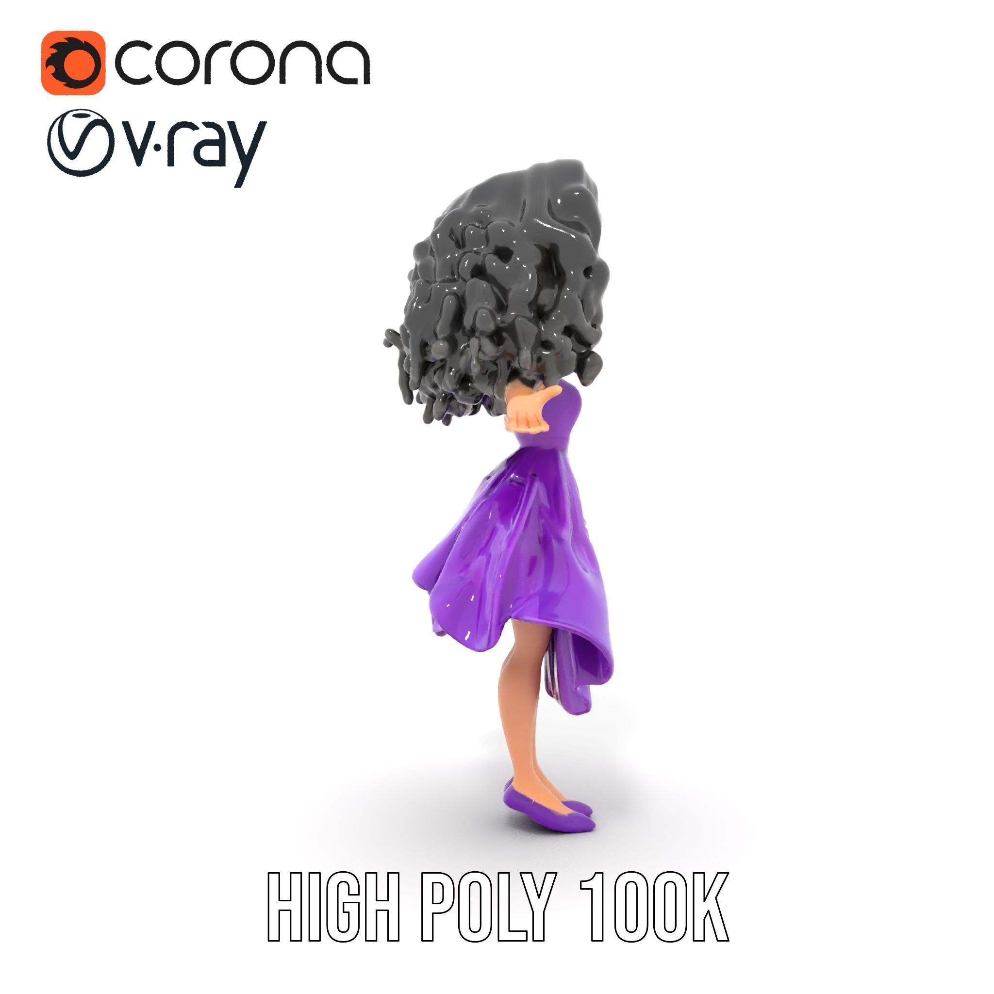 CurlyHaired Animated Character in Purple Dress Rigged and Ani... Low-poly 3D model_36
