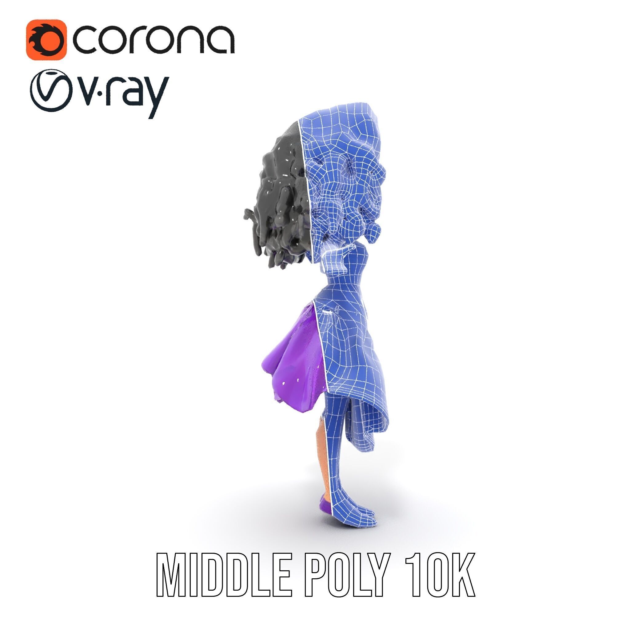 CurlyHaired Animated Character in Purple Dress Rigged and Ani... Low-poly 3D model_35