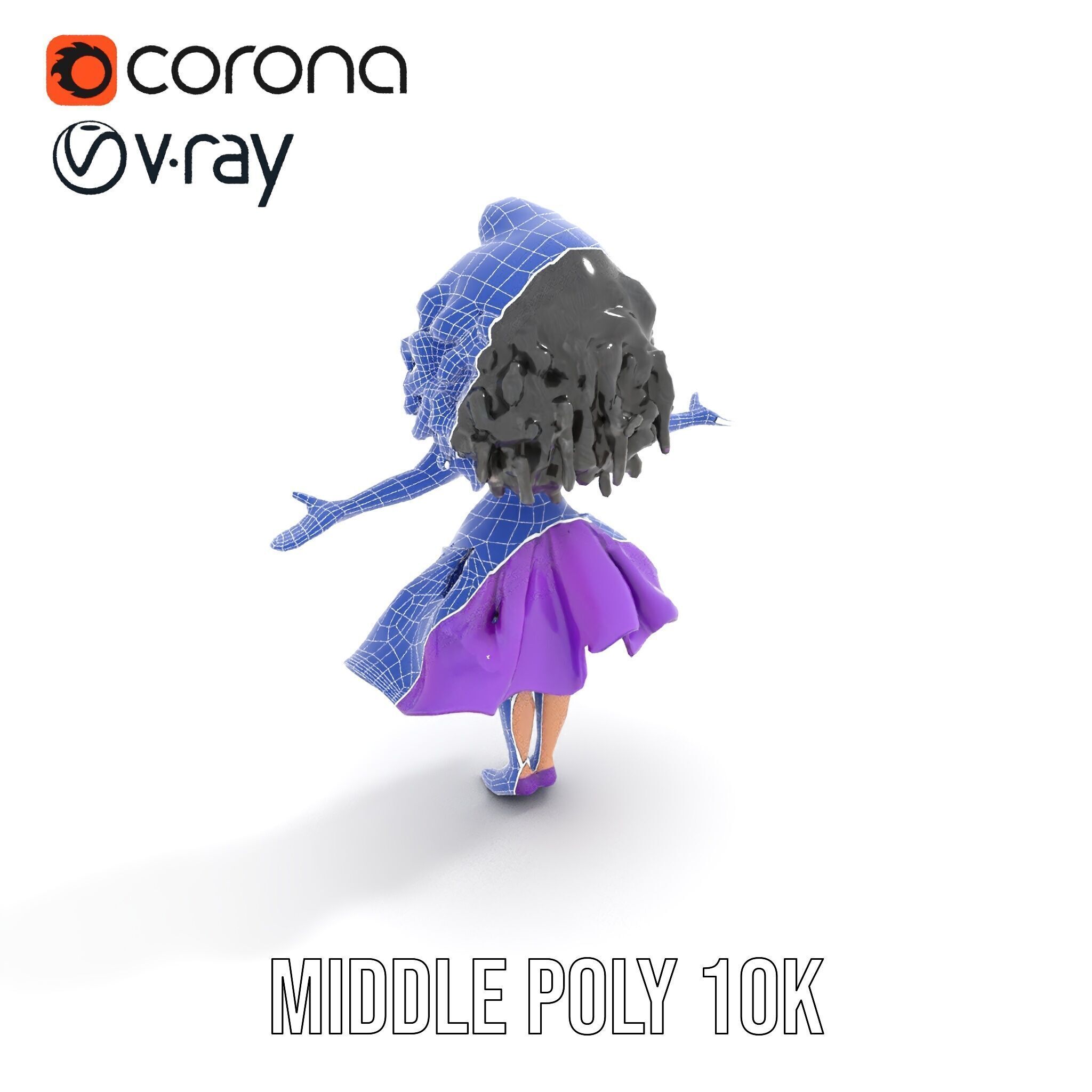 CurlyHaired Animated Character in Purple Dress Rigged and Ani... Low-poly 3D model_30