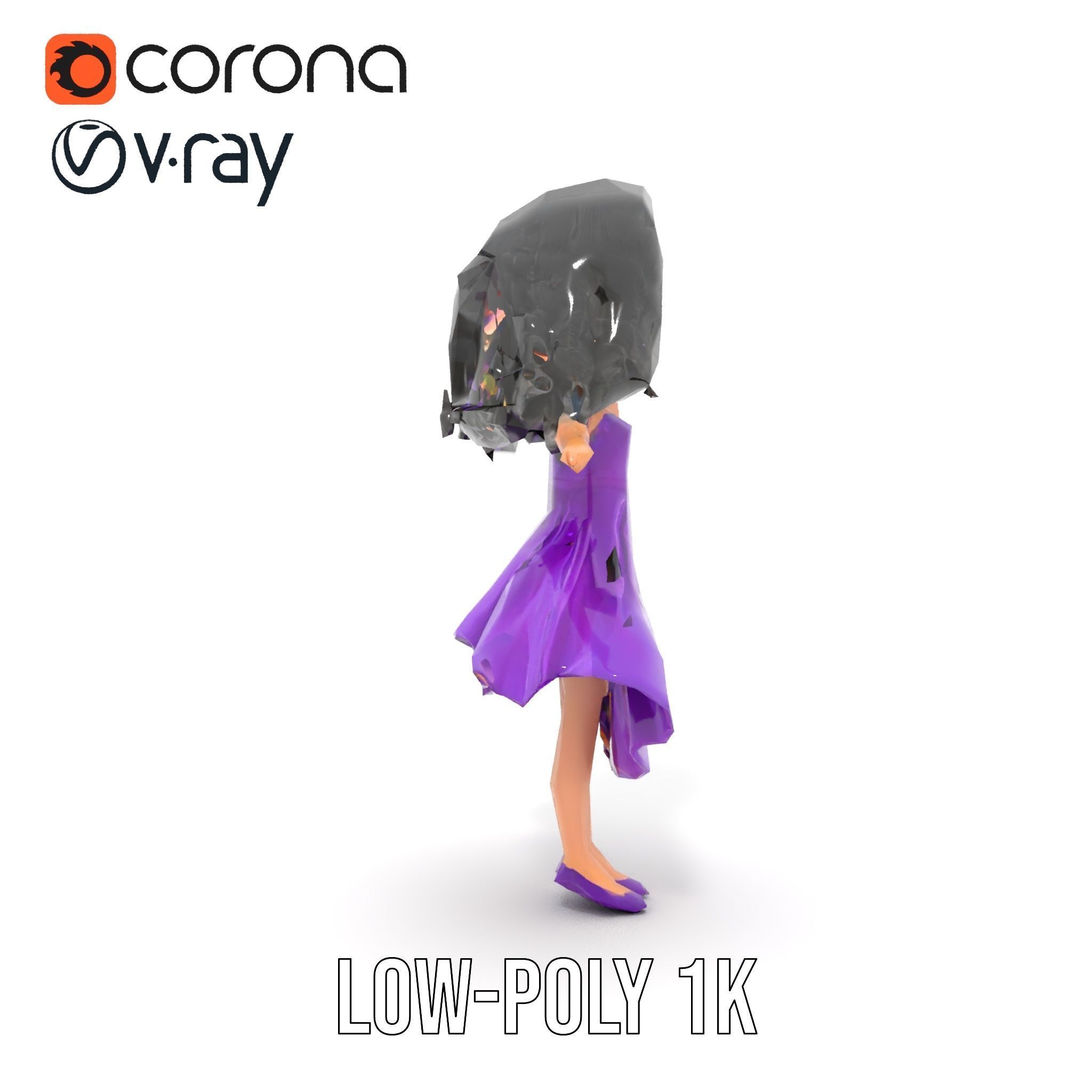 CurlyHaired Animated Character in Purple Dress Rigged and Ani... Low-poly 3D model_8