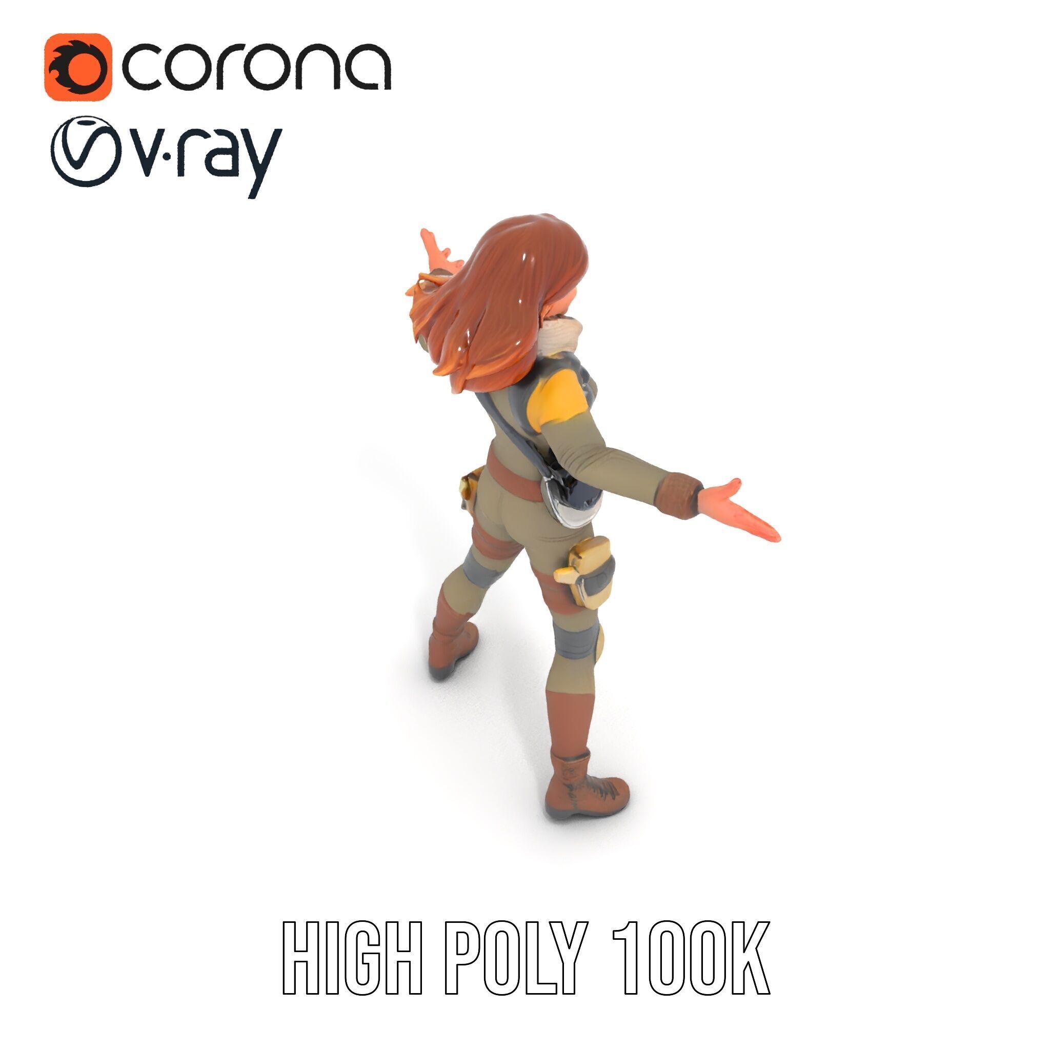 Adventurous Explorer Female Character Rigged and Animated Low-poly 3D model_9
