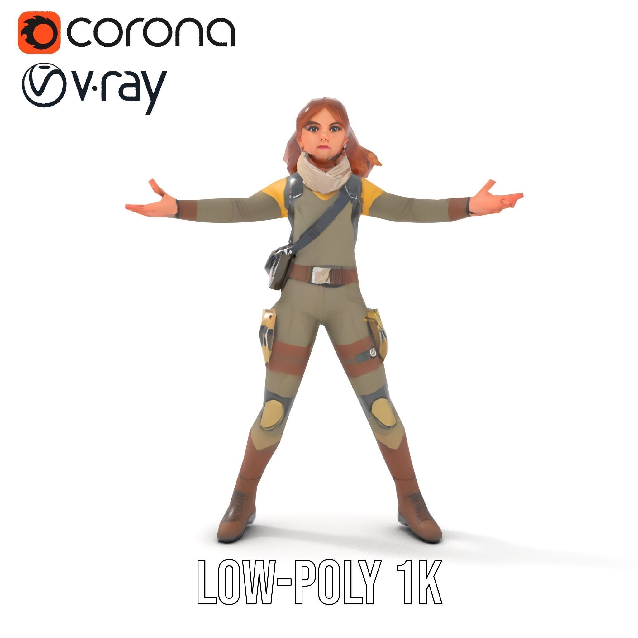 Adventurous Explorer Female Character Rigged and Animated Low-poly 3D model_7