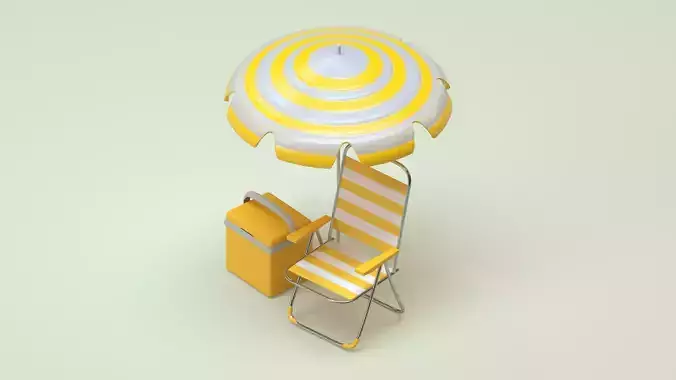 Beach set - striped sun-umbrella folding chair and cooler box 3D