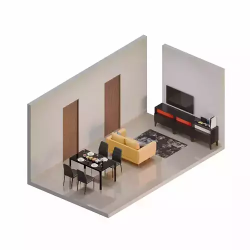 Isometric Living Dining Room With Black Furniture 