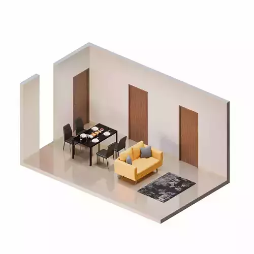 Isometric Living Dining Room With One Yellow Sofa 3D model