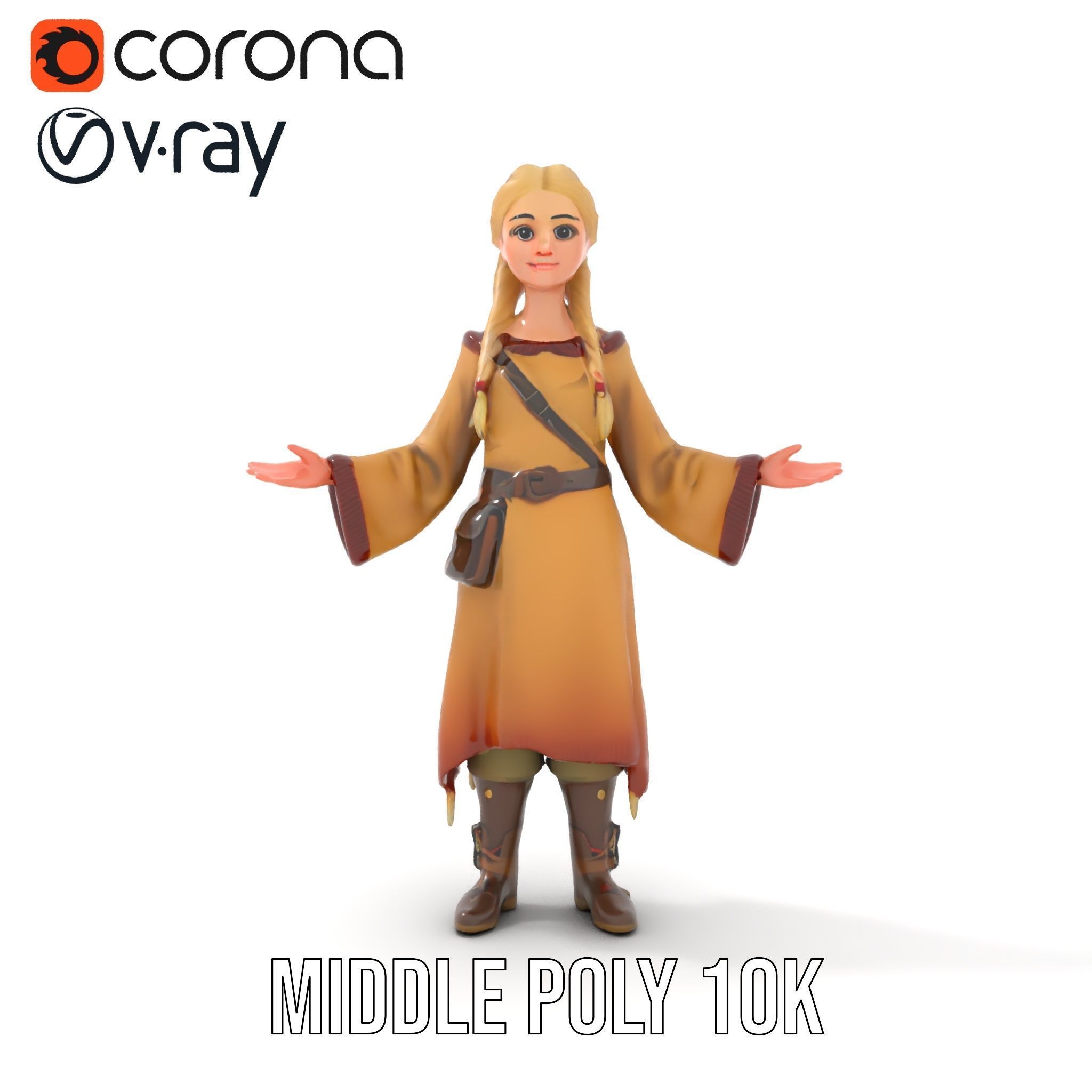 Fantasy Medieval Young Girl Rigged and Animated Character Model Low-poly 3D model_21