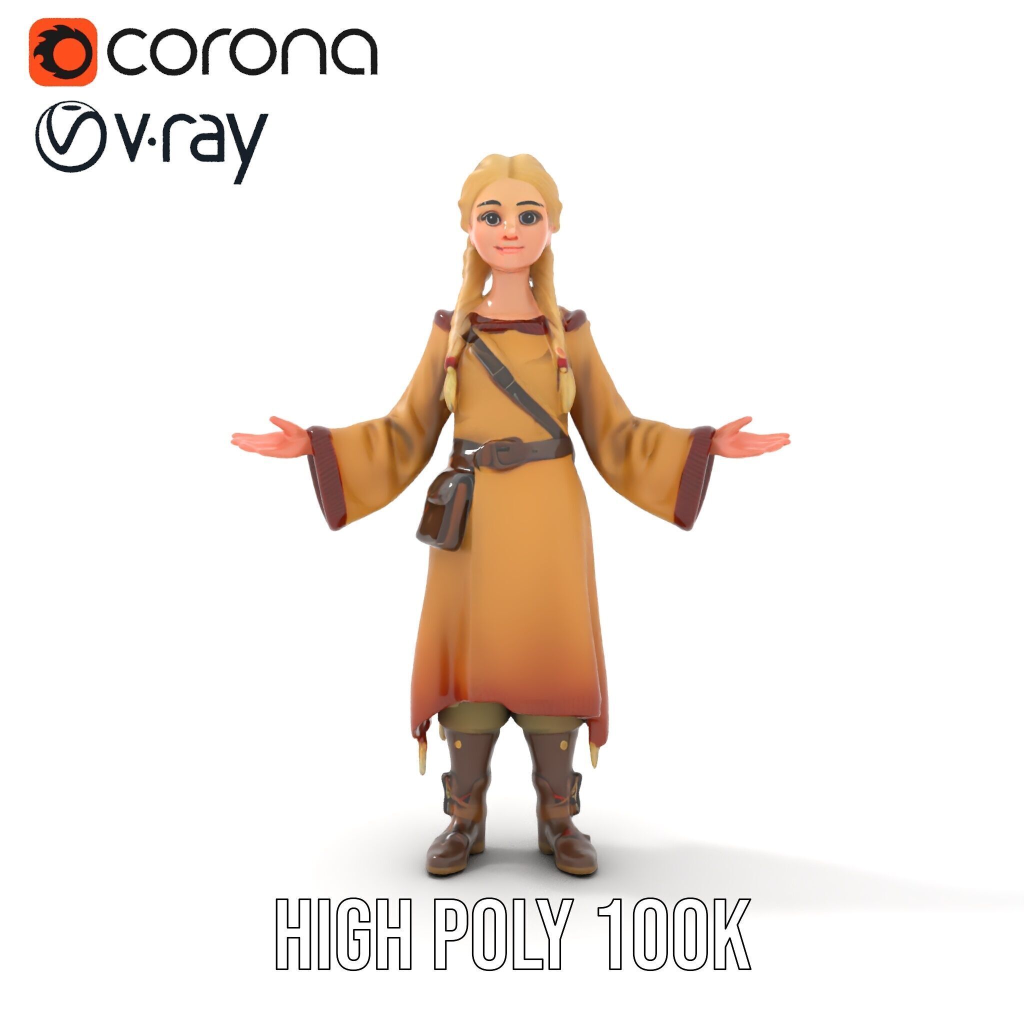 Fantasy Medieval Young Girl Rigged and Animated Character Model Low-poly 3D model_20