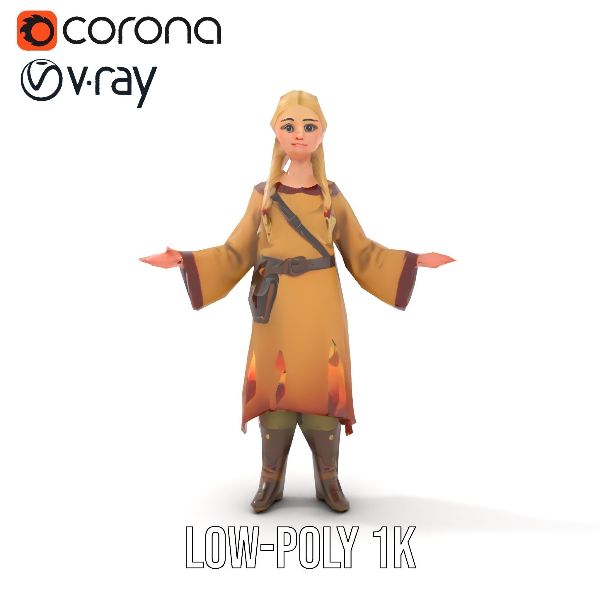 Fantasy Medieval Young Girl Rigged and Animated Character Model Low-poly 3D model_10
