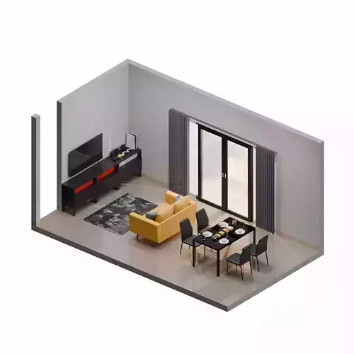 Isometric Living Dining Room With Yellow Sofa
