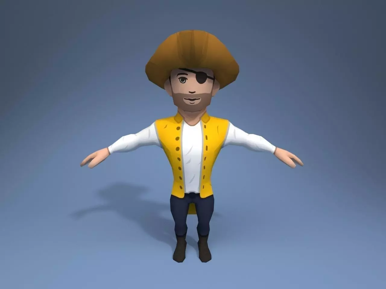 Pirate cartoon character wearing cowboy hat Low-poly 3D model