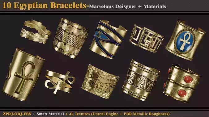 10 Egyptian Bracelets-MD-Clo3d-Smart Material-Textures-OBJ-FBX