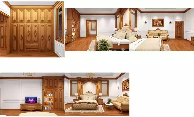 Classic Luxury Wooden Bedroom Interior 3D Max VRay Scene 3D model