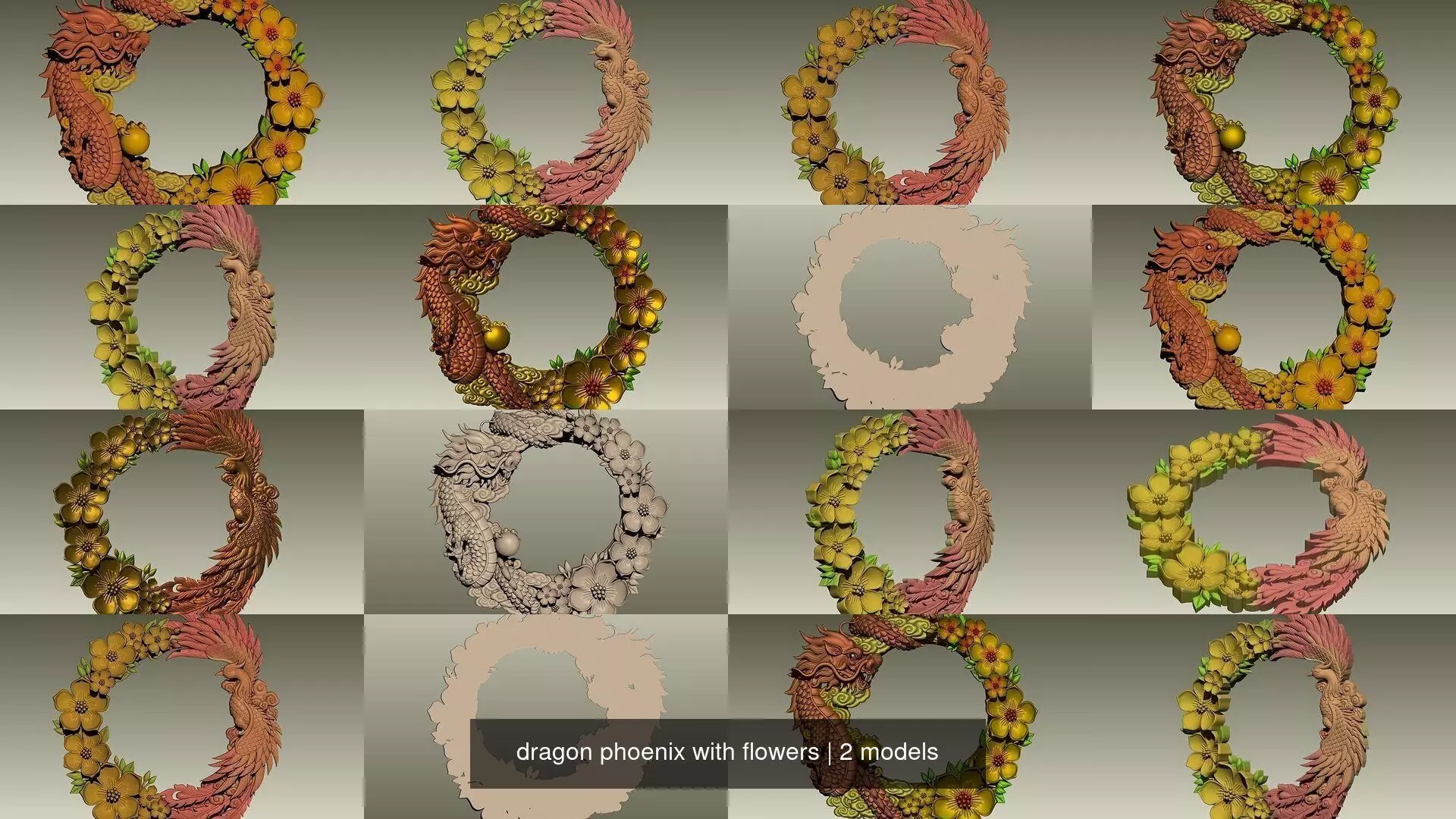 dragon phoenix with flowers 3D Model Collection_0