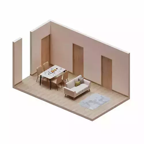 Isometric Dining Living Room With Wood Floor