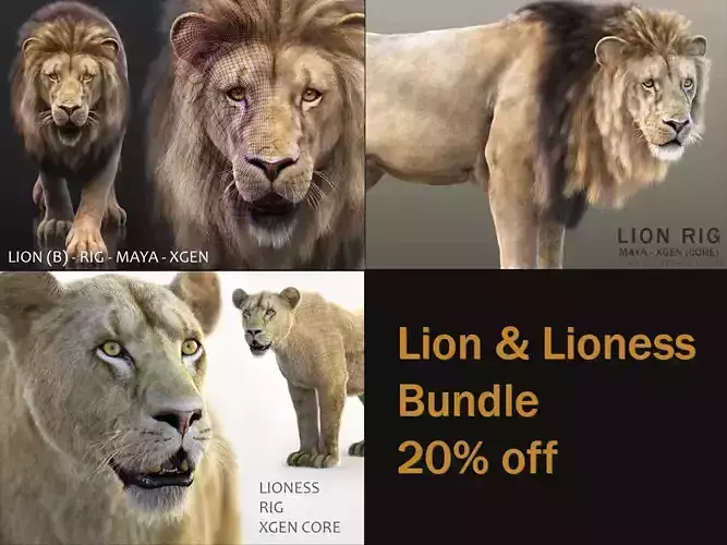 Lion and Lioness RIG XGEN CORE Bundle 3D Model Collection