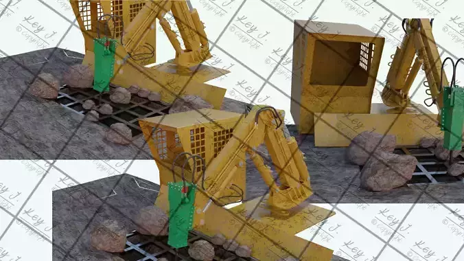 Mining stationary hydraulic rock breaker with operator cabin 3D model