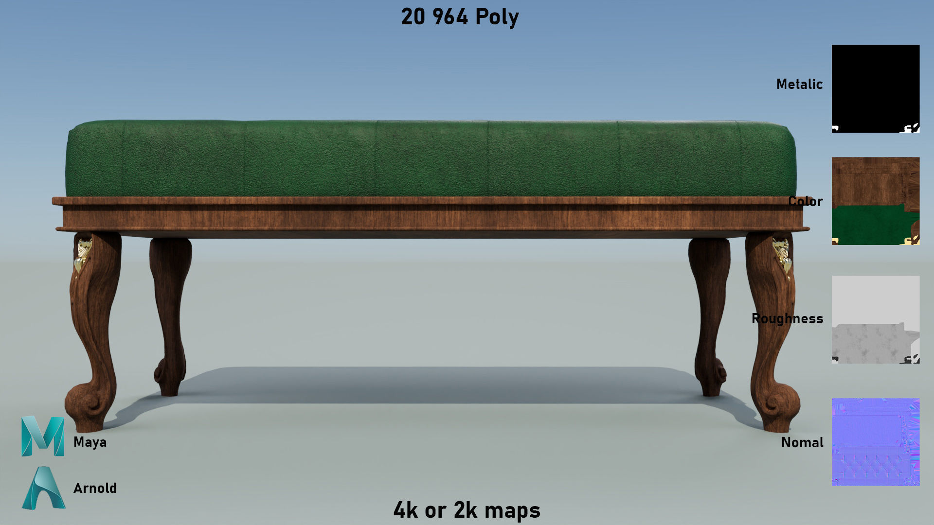 Ancient Sofa Bench Low-poly 3D model_4