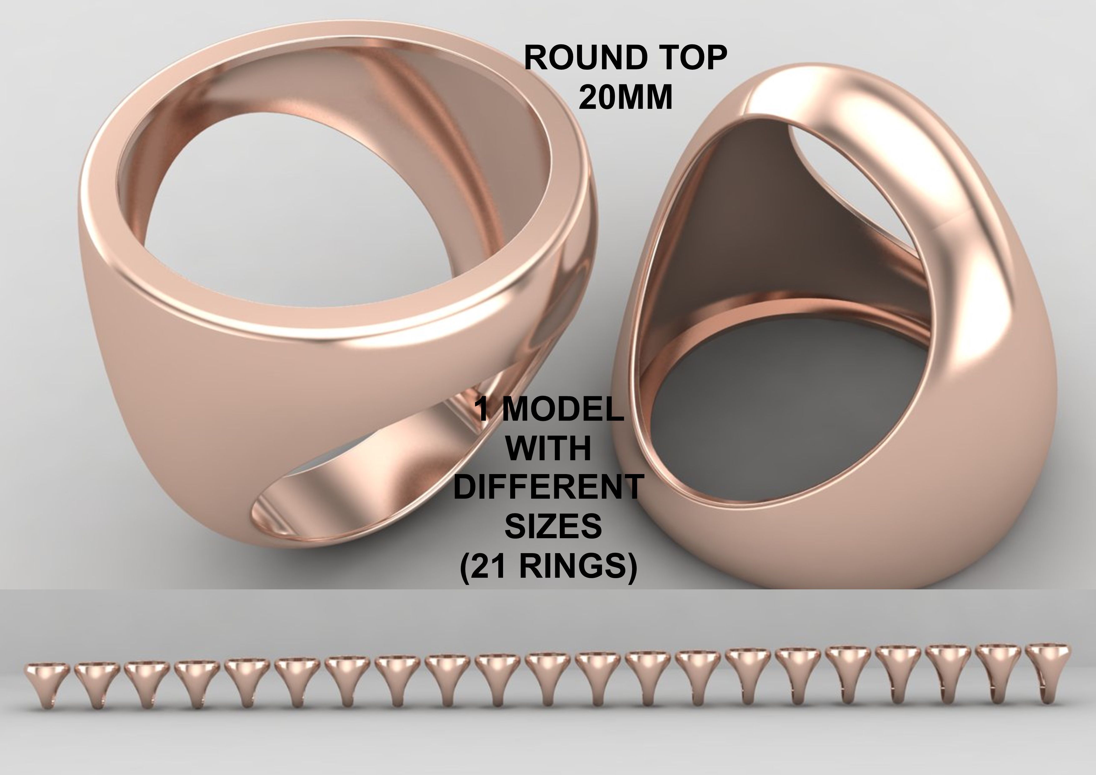 Round gemstone Ring Base 20MM top in All sizes 185-MWC 3D print model_0
