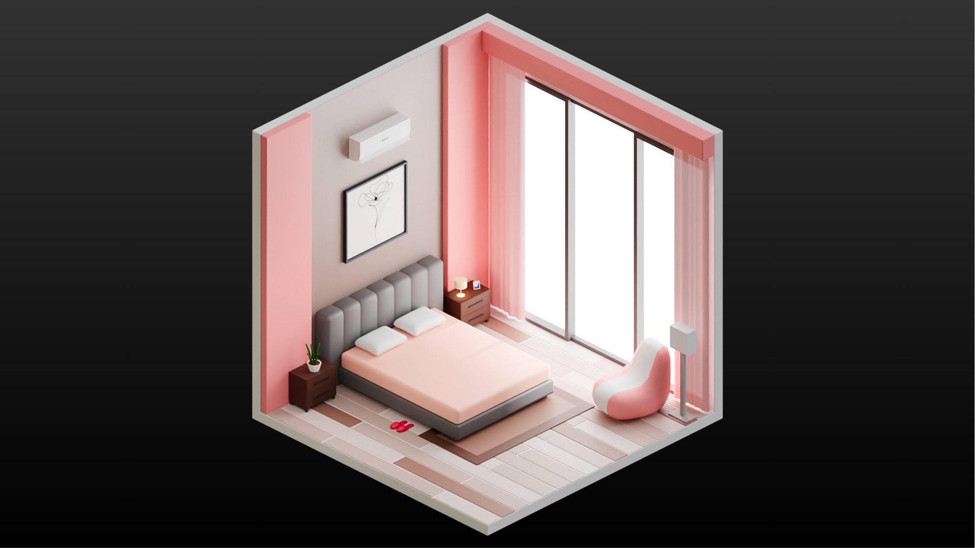 Low Poly Interior Bedroom Low-poly 3D model_5