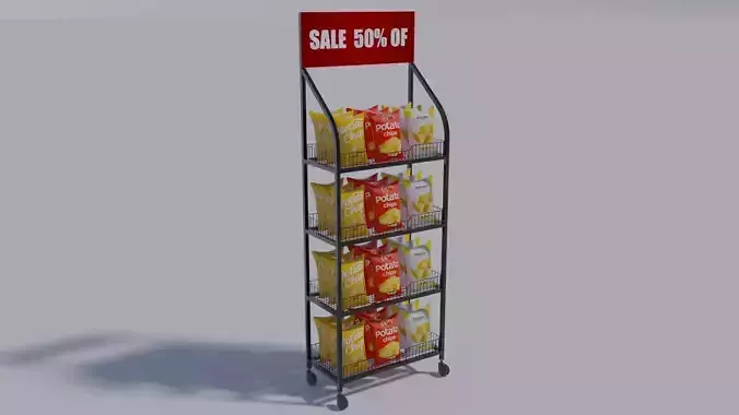  supermarket shelf with bags of potato chips 1 3D model