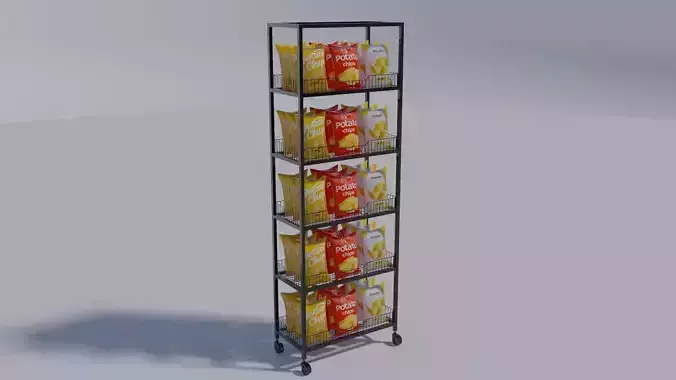  supermarket shelf with bags of potato chips 2 3D model