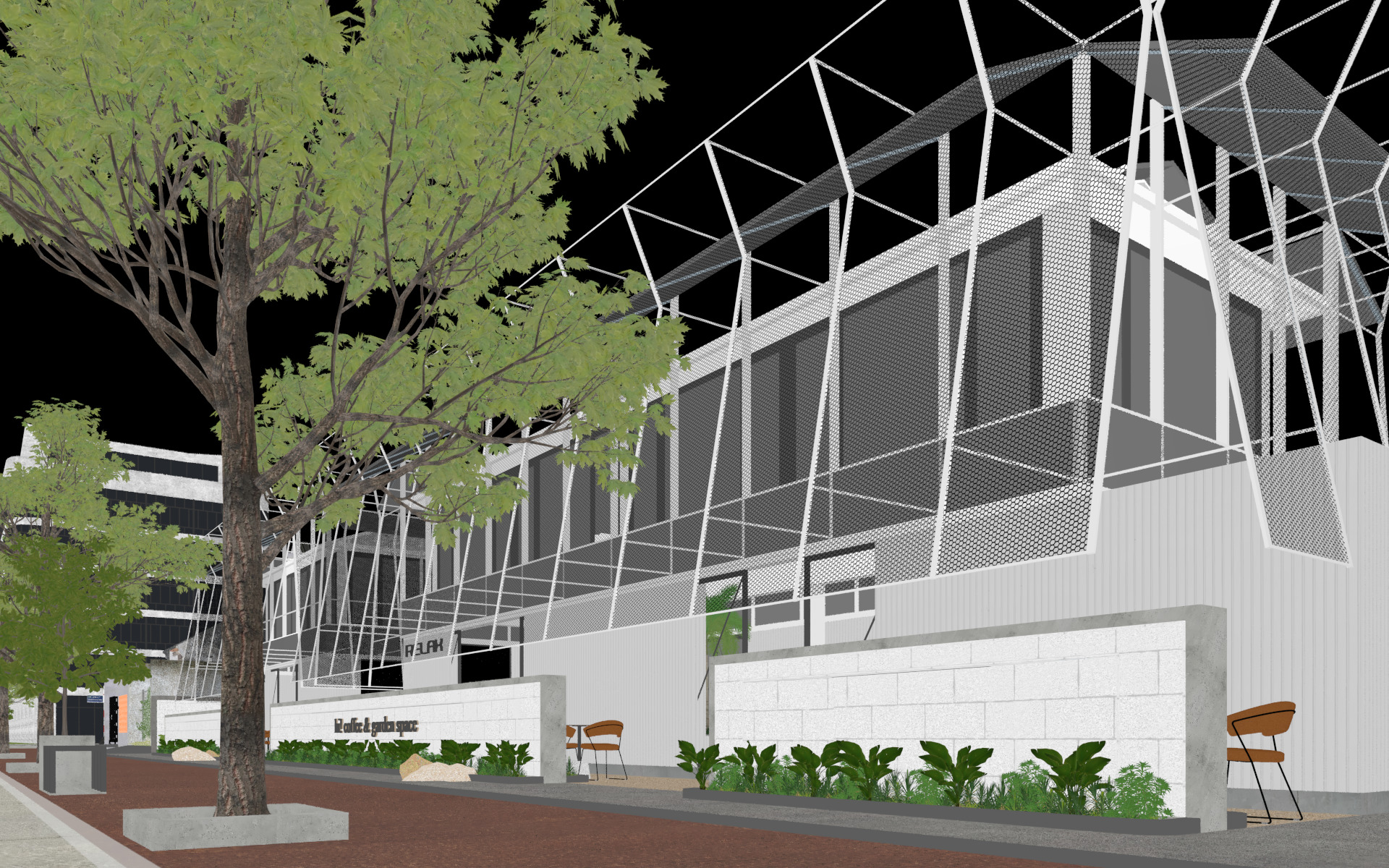 Tropical Coffee Shop with Urban Garden Design Interior Exterior 3D model_39