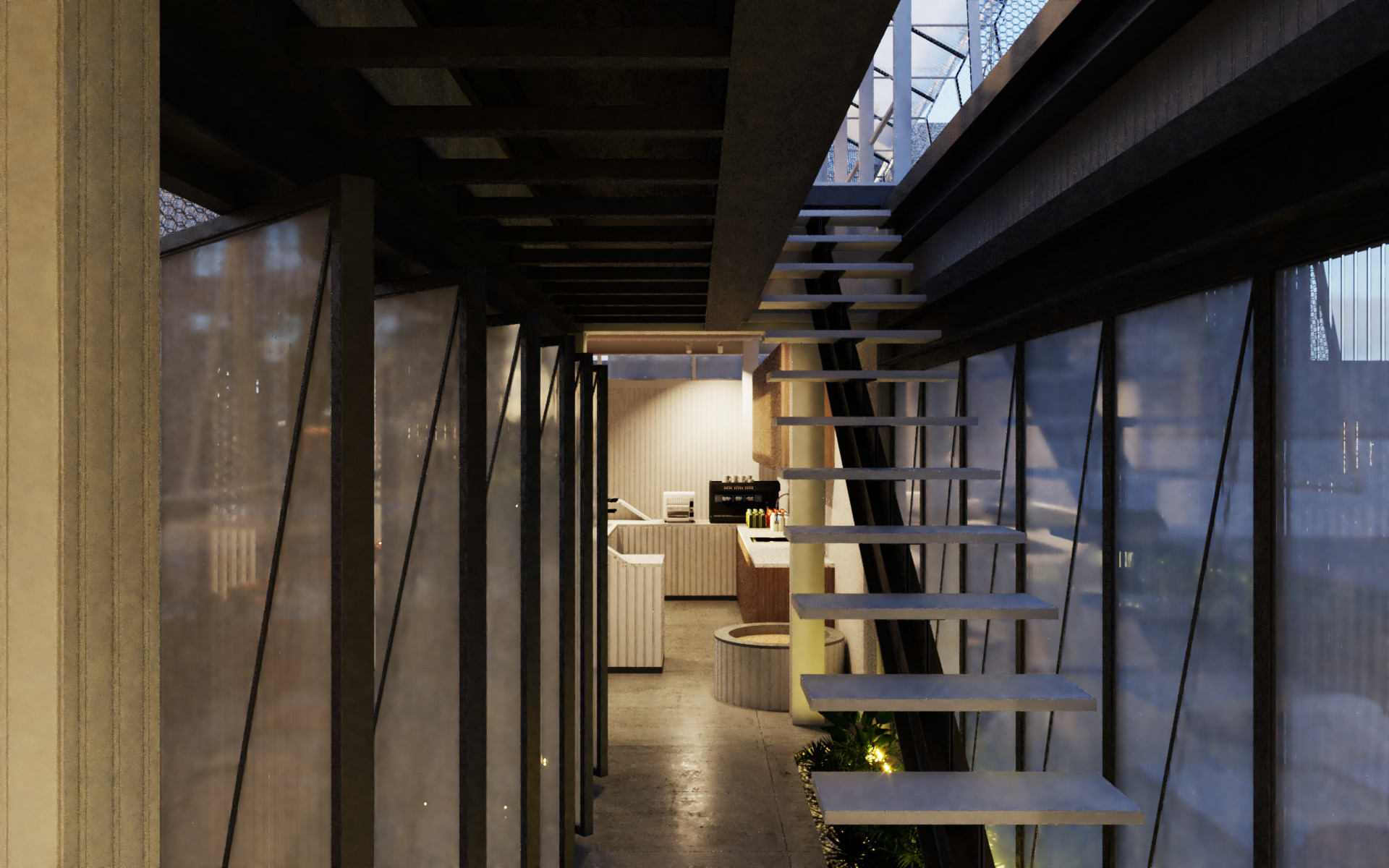 Tropical Coffee Shop with Urban Garden Design Interior Exterior 3D model_9