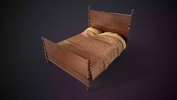 Vintage Wooden Bed Low-poly 3D model