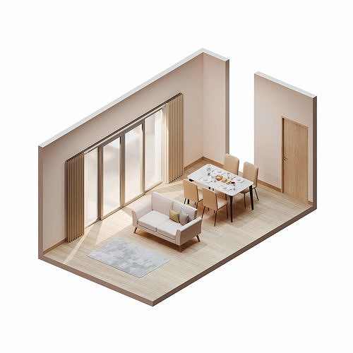Isometric Dining Living Room With Wooden Floor 3D model