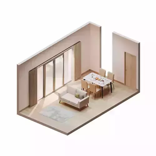 Isometric Dining Living Room With Wooden Floor