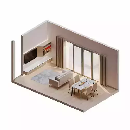 Isometric Dining Living Room Wood Theme