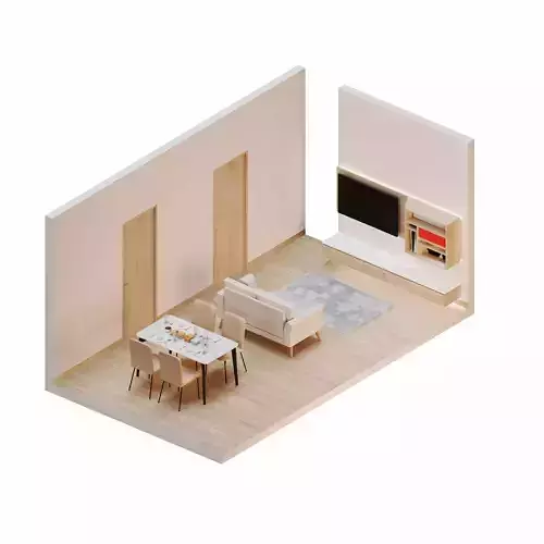 Isometric Dining Living Room Wooden Theme