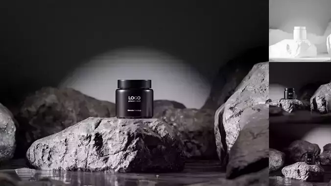 Black Cosmetic Jar on Rock Podium