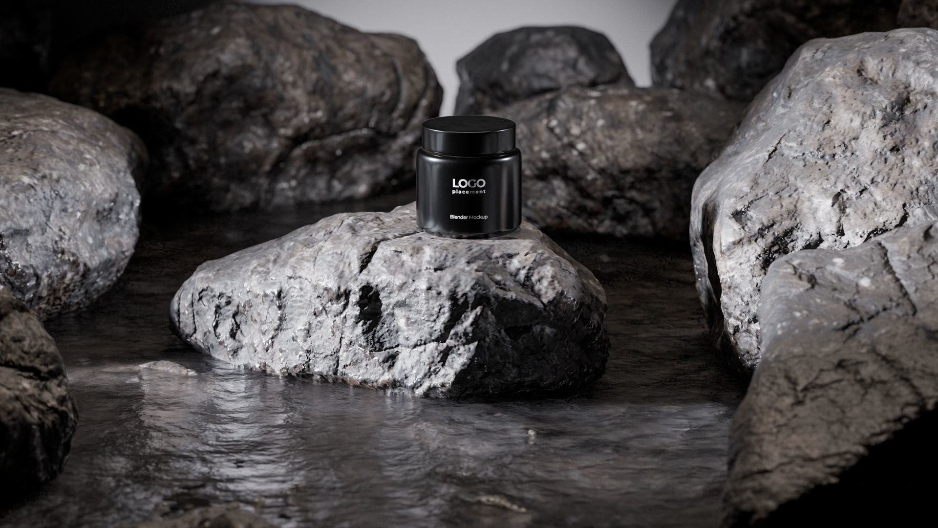 Black Cosmetic Jar on Rock Podium Low-poly 3D model_7