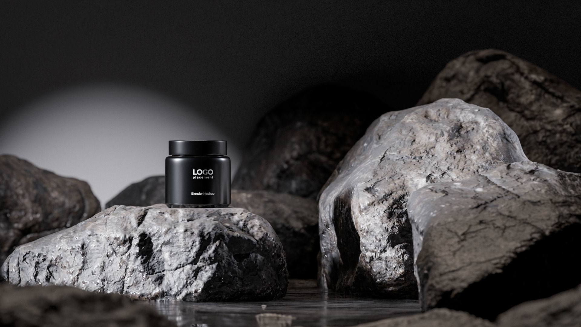 Black Cosmetic Jar on Rock Podium Low-poly 3D model_2