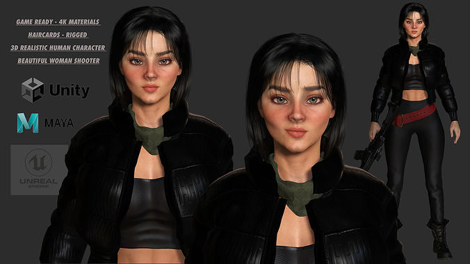AAA 3D REALISTIC CHARACTER - BEAUTIFUL WOMAN GUN SHOOTER Low-poly 3D model