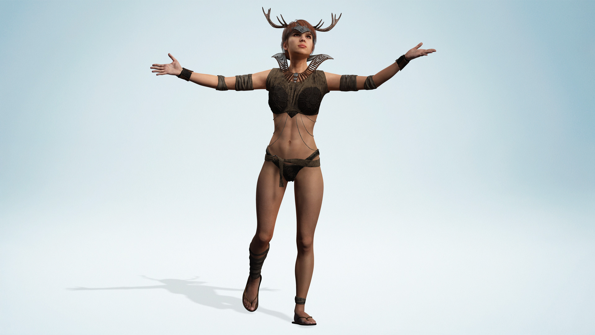 Fantasy Antlered Tribal Girl Wild Huntress Antler Woman Low-poly 3D model_1