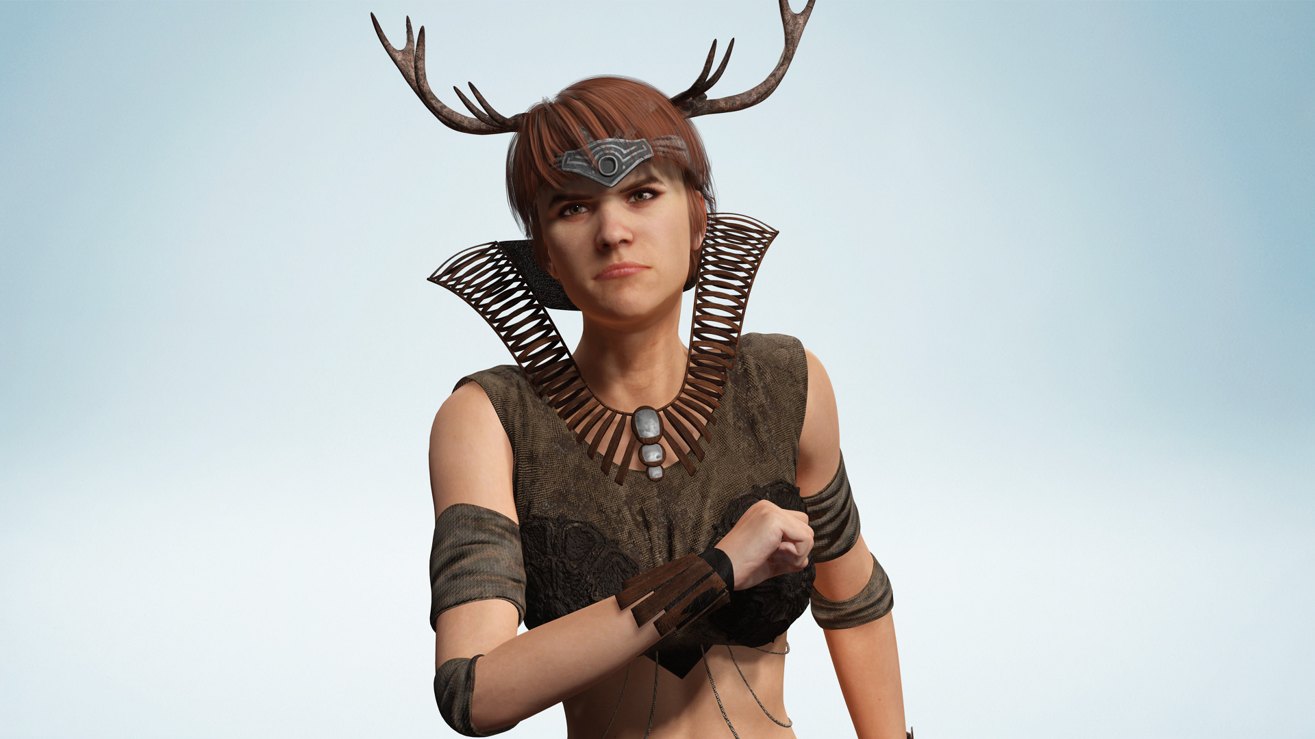 Fantasy Antlered Tribal Girl Wild Huntress Antler Woman Low-poly 3D model_5