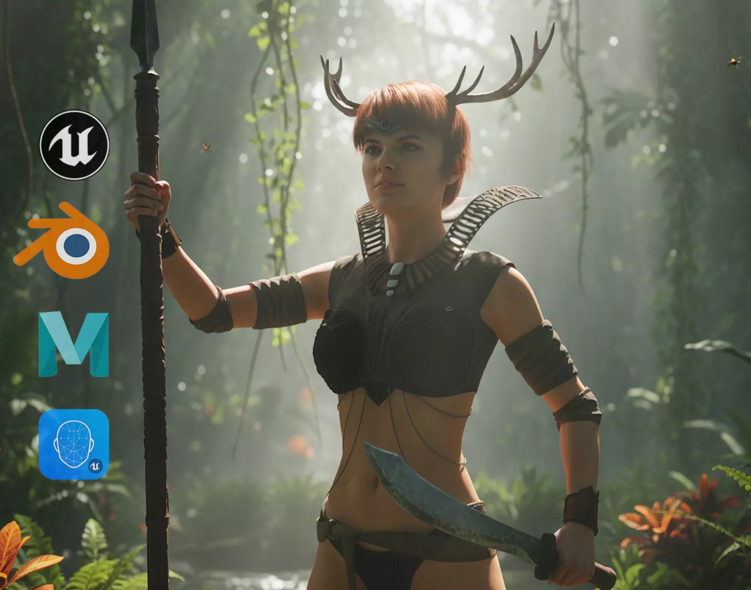 Fantasy Antlered Tribal Girl Wild Huntress Antler Woman Low-poly 3D model_0